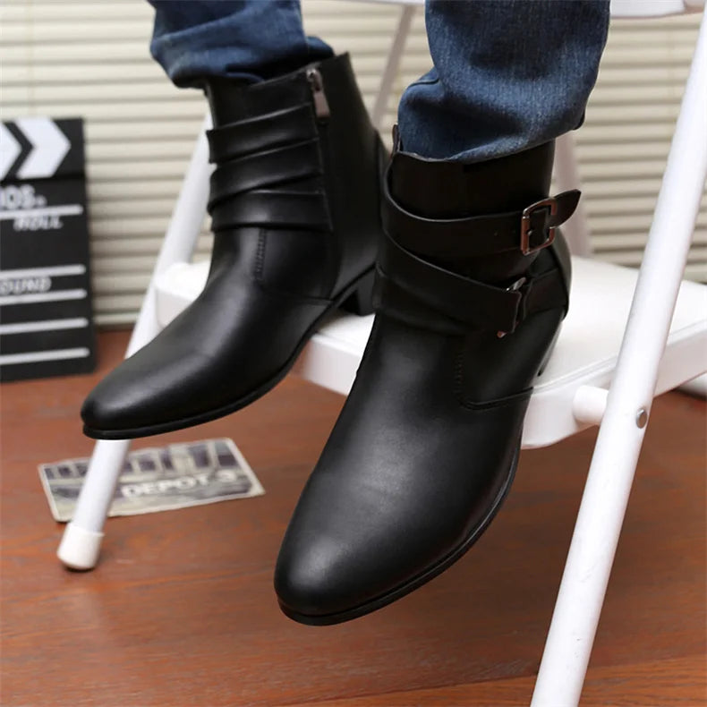 Luxury Leather Chelsea Boots Men Designer White Dress Boots Men Casual High top Buckle Strap Formal Shoes Men Motorcycle Boots