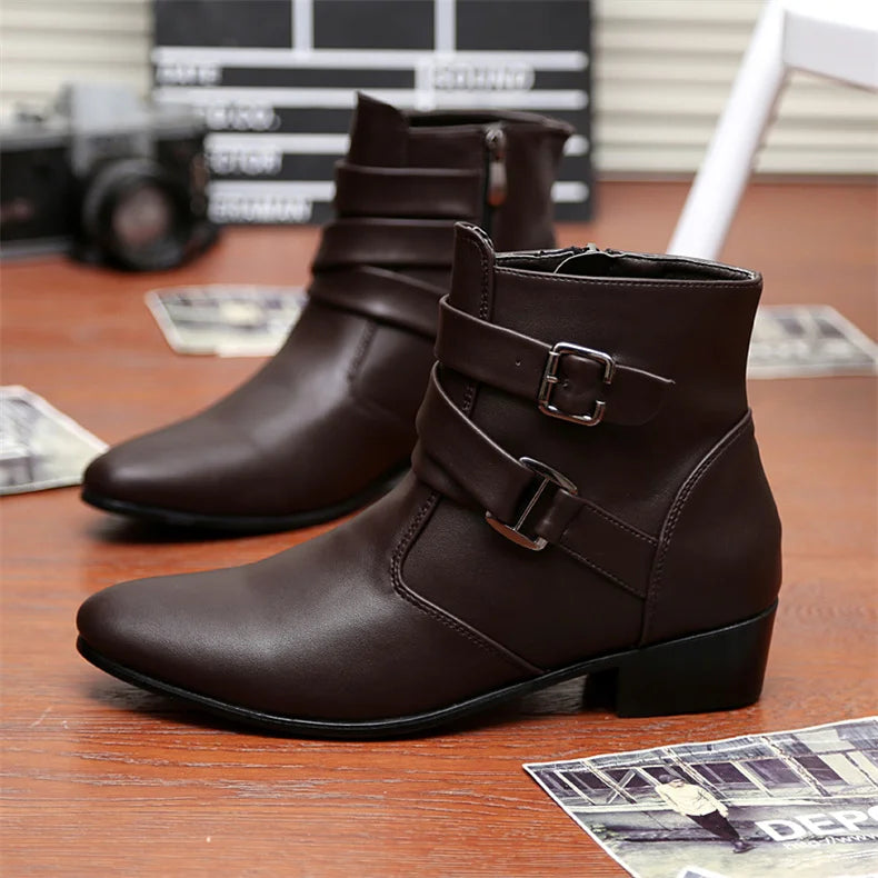 Luxury Leather Chelsea Boots Men Designer White Dress Boots Men Casual High top Buckle Strap Formal Shoes Men Motorcycle Boots