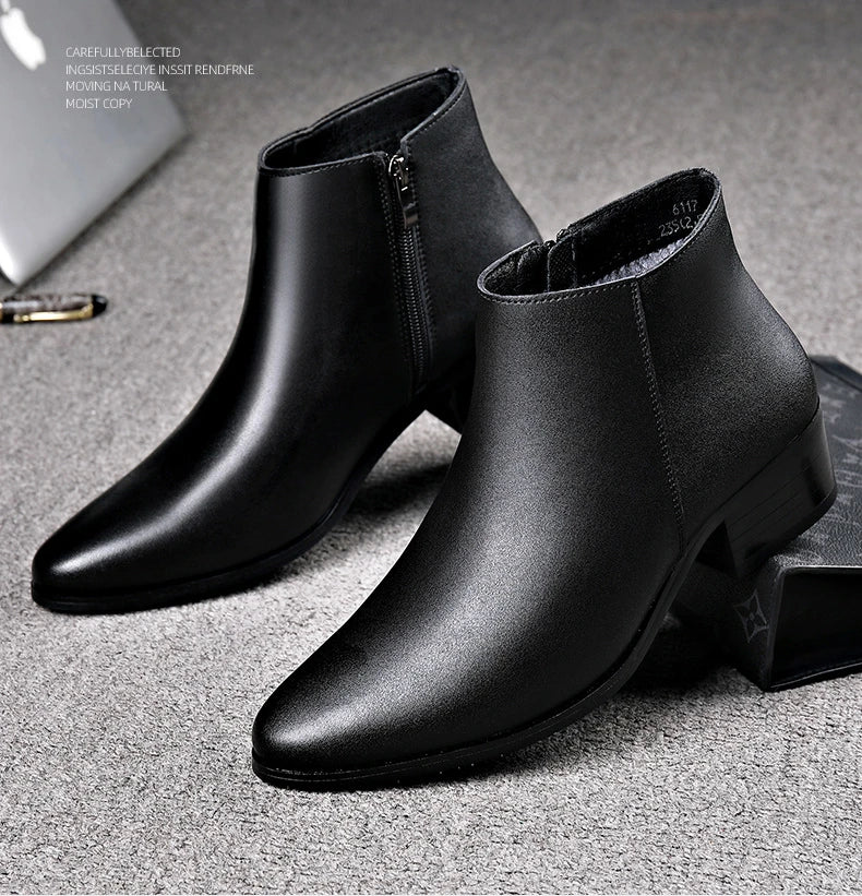 British Business Leather Boots for Men High Heels Pointed Toes and Fleece Chelsea Boots Male Fashion Casual Shoes Man