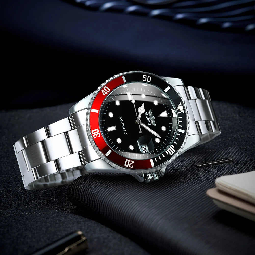 WINNER Classic Mechanical Watches Luxury Brand Business Automatic Watch for Men Rotatable Bezel Luminous Dial Steel Strap Clock