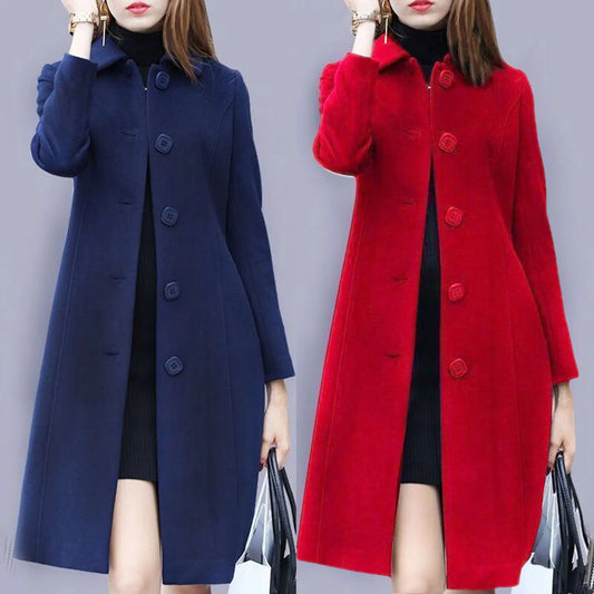 Autumn Women's Coat: Mid-Length Single-Breasted Solid Color Jacket with Turn-Down Collar - Elegant, Soft, Plus Size Warm Winter Outerwear, Available in 3 Colors