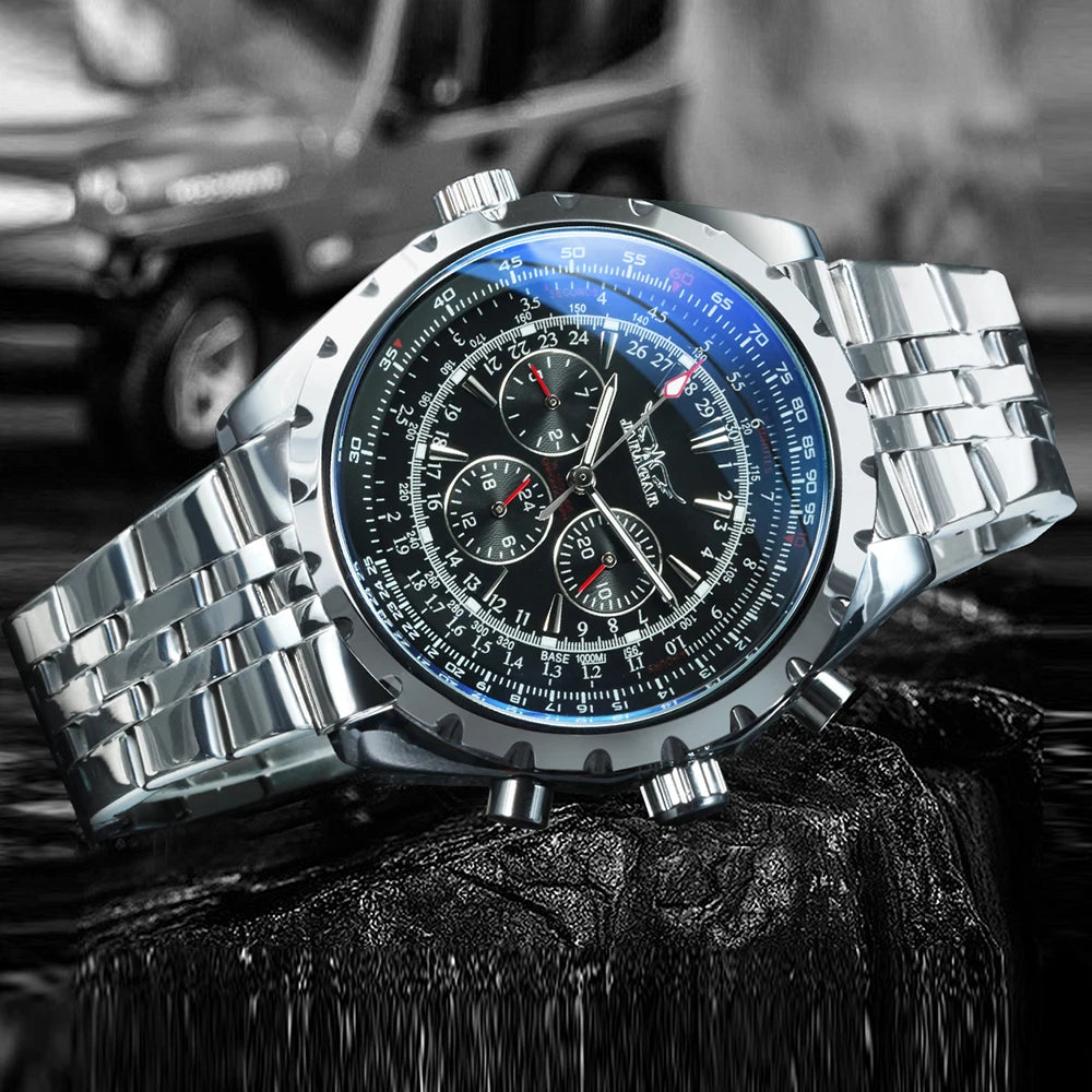 JARAGAR Sports Mens Watches Top Brand Luxury Automatic Mechanical Watch for Men Silver Stainless Steel Strap Military Wristwatch