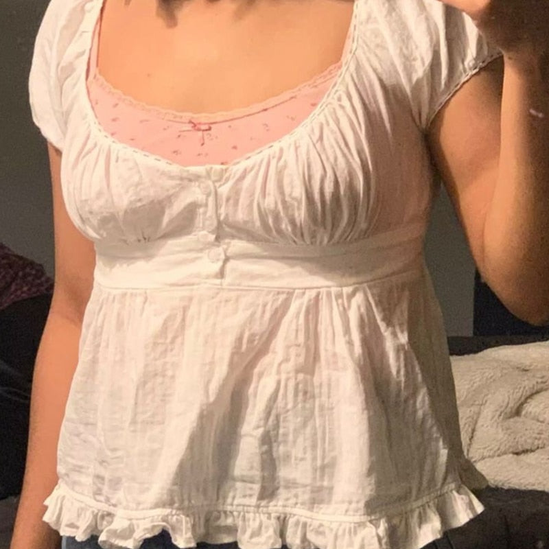 Women's Ruffle Top Buttons Kawaii Crop Tops Cute E-girl Short Sleeve Shirt (5 Colors)