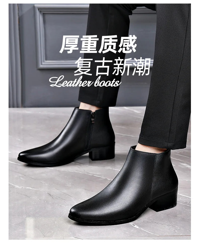 British Business Leather Boots for Men High Heels Pointed Toes and Fleece Chelsea Boots Male Fashion Casual Shoes Man