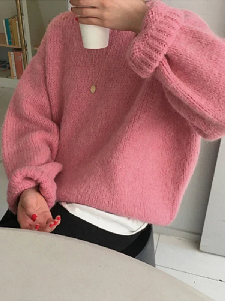 Women's Winter Sweater: Pink Pullover with Oversized, Loose Knitted Design - Long Sleeve Female Knitting Outerwear, Available in 9 Colors Including White