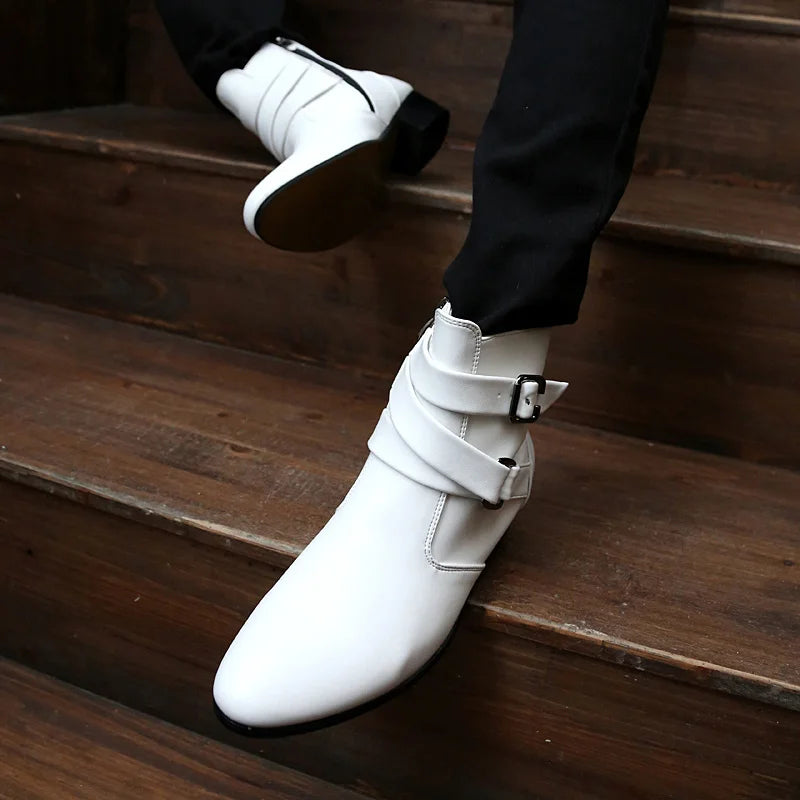 Luxury Leather Chelsea Boots Men Designer White Dress Boots Men Casual High top Buckle Strap Formal Shoes Men Motorcycle Boots