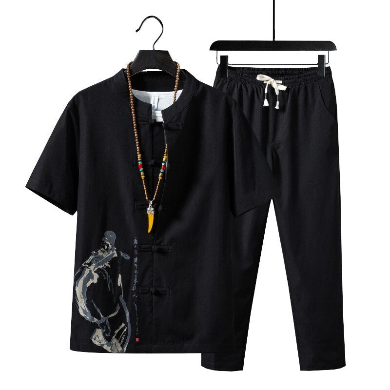 Men's Cotton and linen casual Two Piece (Shirt + trousers) Dress Set (4 Colors)