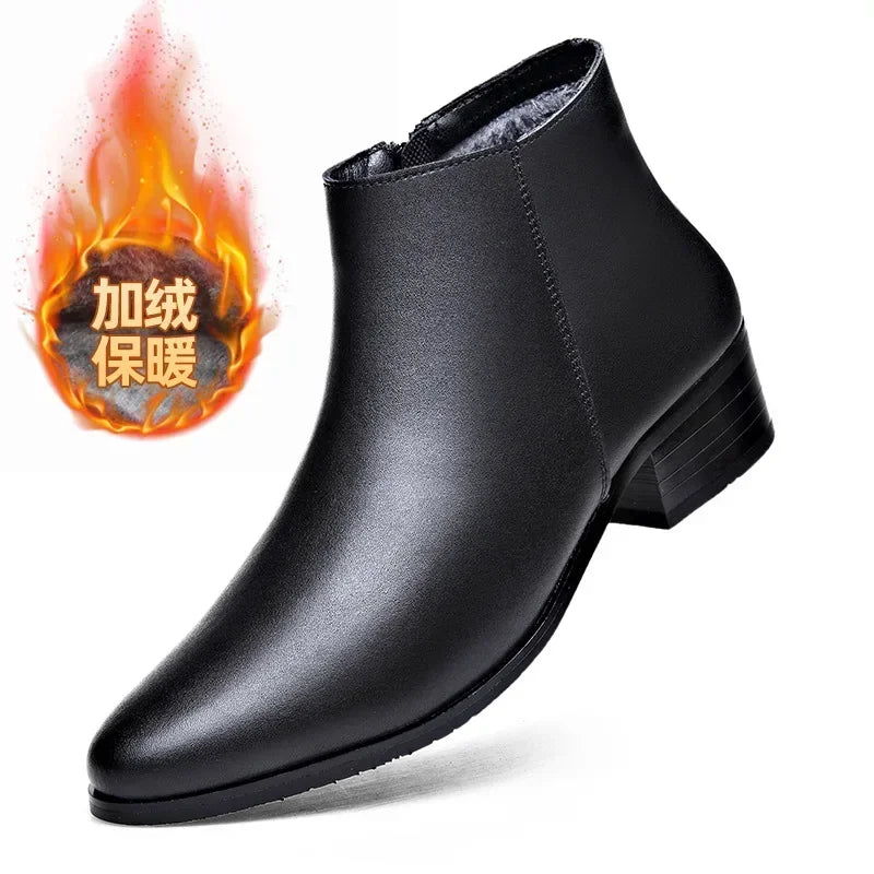 British Business Leather Boots for Men High Heels Pointed Toes and Fleece Chelsea Boots Male Fashion Casual Shoes Man