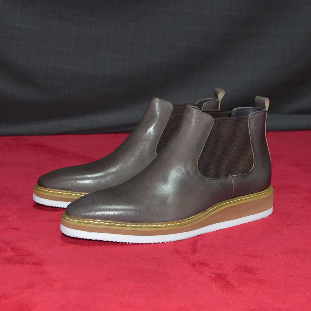 British Style Cow Genuine Leather Men's Chelsea Ankle Boots Slip-on Elastic Band High Top Sneakers Casual Dress Boot for Men