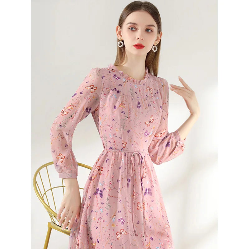 Women's Elegant Floral Print Pink Dress: Casual Long Sleeve Slim A-Line Dresses for Office - Autumn Winter Vestido