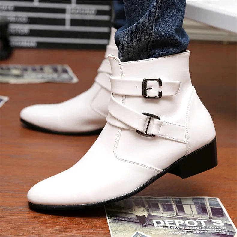Luxury Leather Chelsea Boots Men Designer White Dress Boots Men Casual High top Buckle Strap Formal Shoes Men Motorcycle Boots