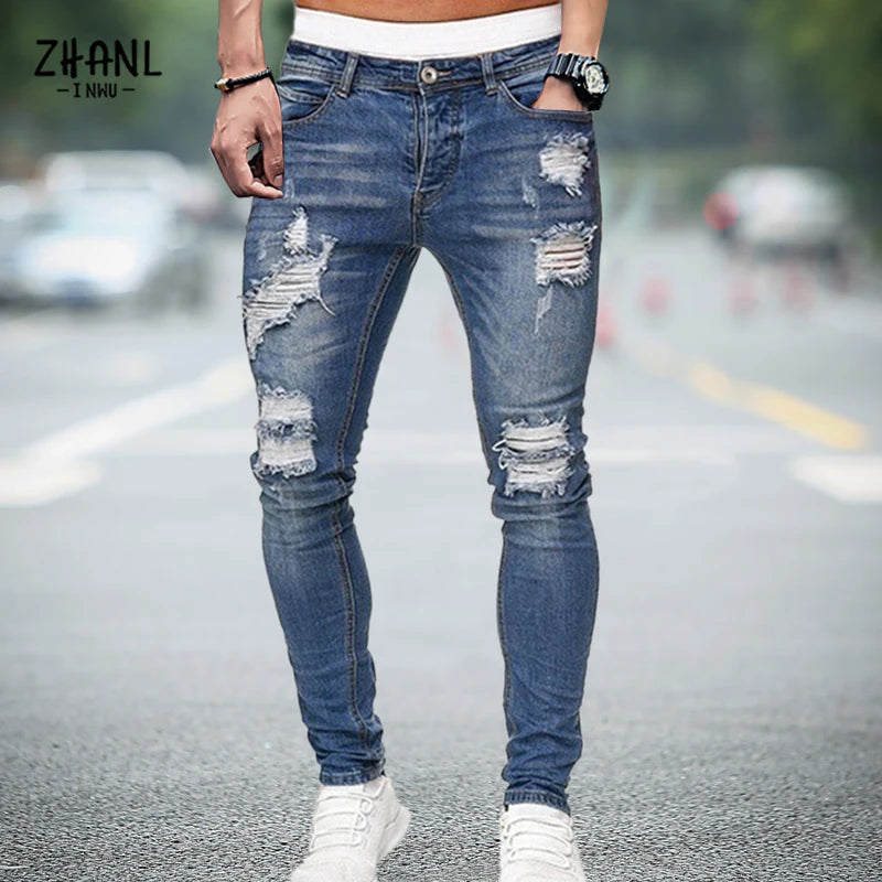Men's Stretchy Ripped Skinny Embroidered Jeans: White Pants, Destroyed Holes, Slim Fit, High-Quality Denim, Hip Hop Style - 15 Colors/Styles
