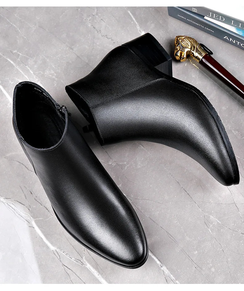 British Business Leather Boots for Men High Heels Pointed Toes and Fleece Chelsea Boots Male Fashion Casual Shoes Man