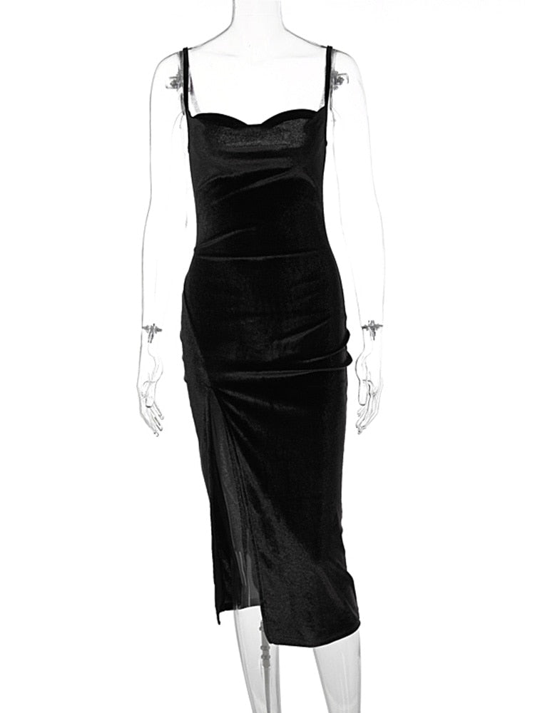 Women's Velvet Swing Collar Sleeveless Slip Sexy Slit Elegant Party Maxi Dress (3 Colors)