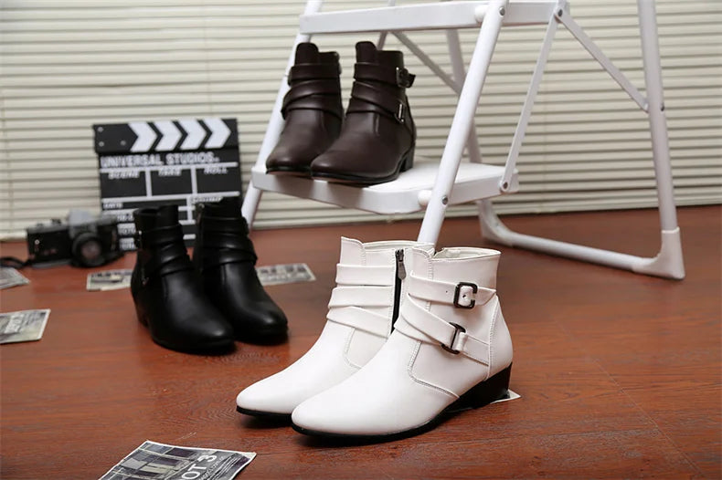Luxury Leather Chelsea Boots Men Designer White Dress Boots Men Casual High top Buckle Strap Formal Shoes Men Motorcycle Boots