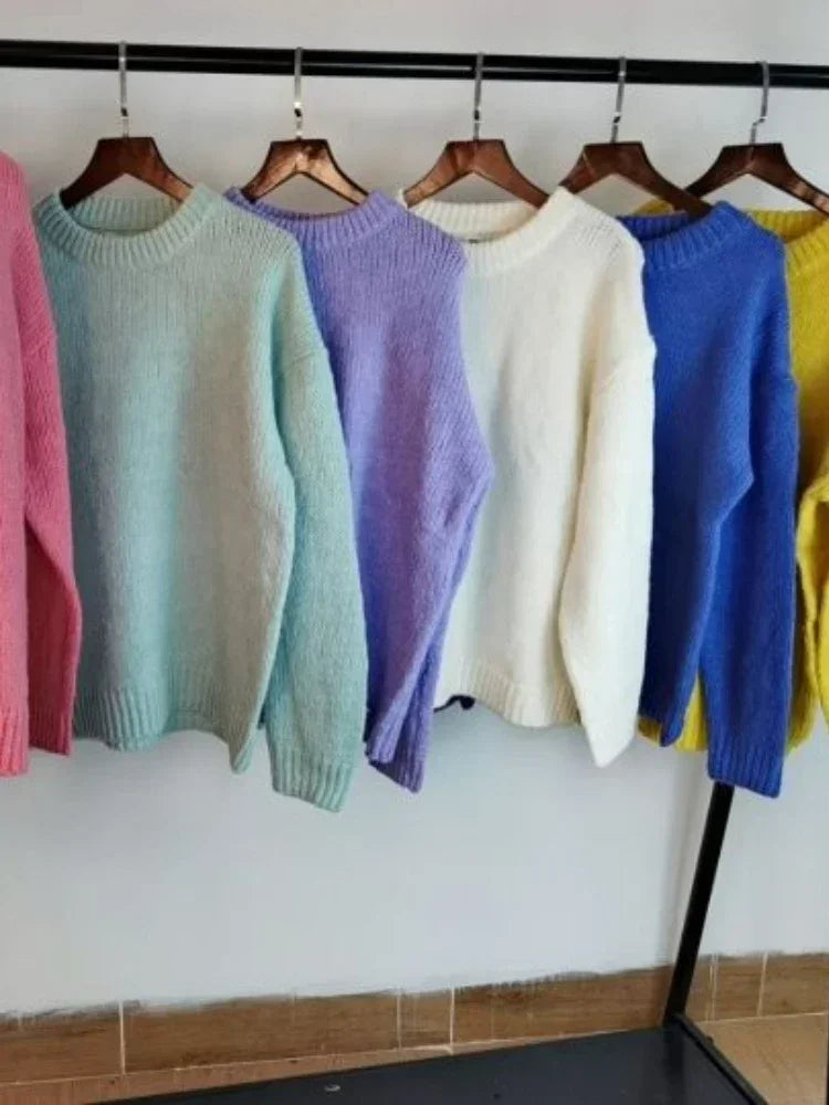 Women's Winter Sweater: Pink Pullover with Oversized, Loose Knitted Design - Long Sleeve Female Knitting Outerwear, Available in 9 Colors Including White