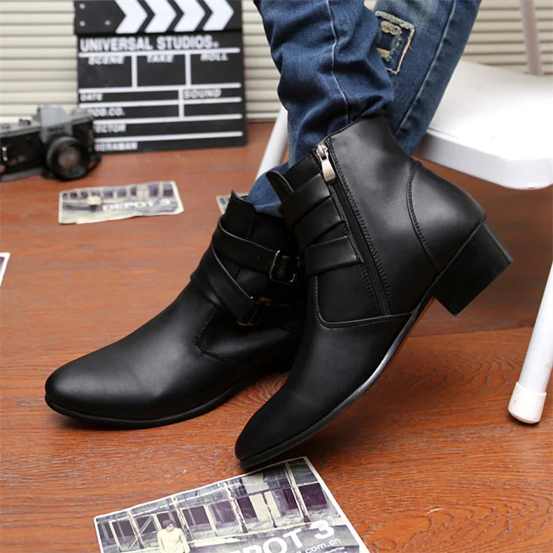Luxury Leather Chelsea Boots Men Designer White Dress Boots Men Casual High top Buckle Strap Formal Shoes Men Motorcycle Boots