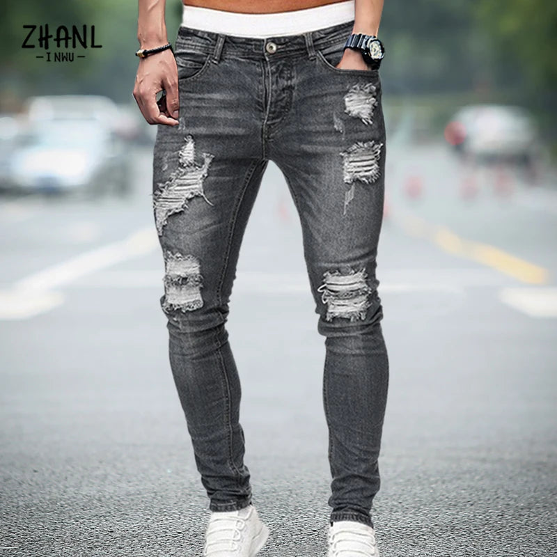 Men's Stretchy Ripped Skinny Embroidered Jeans: White Pants, Destroyed Holes, Slim Fit, High-Quality Denim, Hip Hop Style - 15 Colors/Styles
