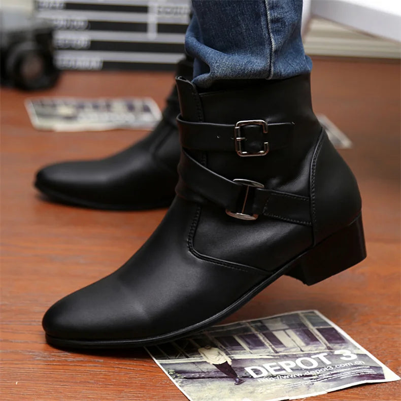Luxury Leather Chelsea Boots Men Designer White Dress Boots Men Casual High top Buckle Strap Formal Shoes Men Motorcycle Boots