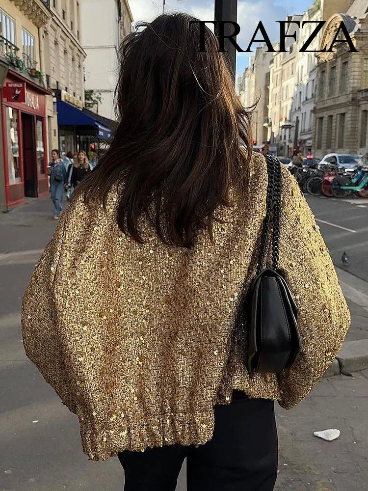 Women's Fashion Shiny Sequin Jacket: Y2K Gold Color Stand Collar Long Sleeve Short Coat for Autumn/Winter - High Streetwear, Available in 5 Colors