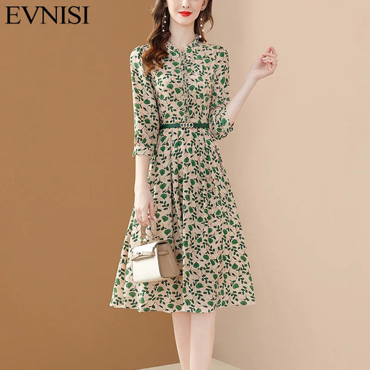 Women's Chiffon Dress: Elegant A-Line Dress with Belt and Puff Sleeves for Spring Parties - Big Swing Slim Fit Vestido