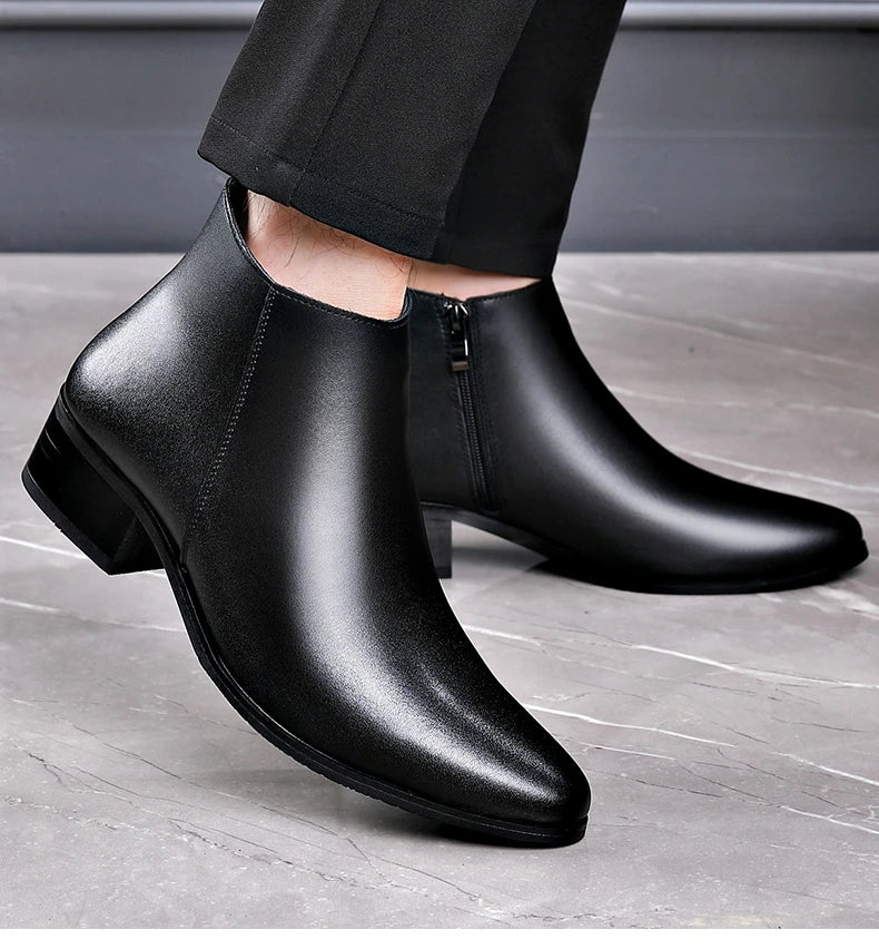 British Business Leather Boots for Men High Heels Pointed Toes and Fleece Chelsea Boots Male Fashion Casual Shoes Man