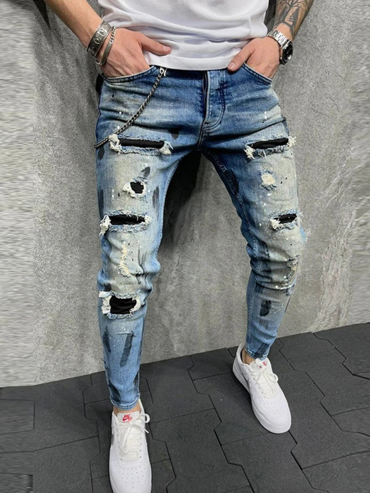 Men's Stretchy Ripped Skinny Embroidered Jeans: White Pants, Destroyed Holes, Slim Fit, High-Quality Denim, Hip Hop Style - 15 Colors/Styles