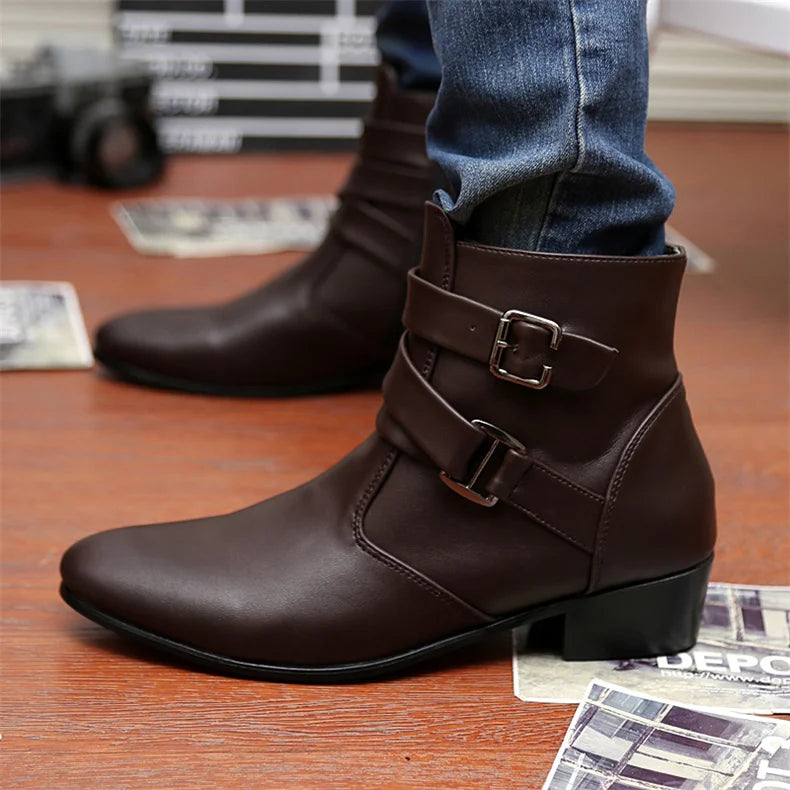 Luxury Leather Chelsea Boots Men Designer White Dress Boots Men Casual High top Buckle Strap Formal Shoes Men Motorcycle Boots