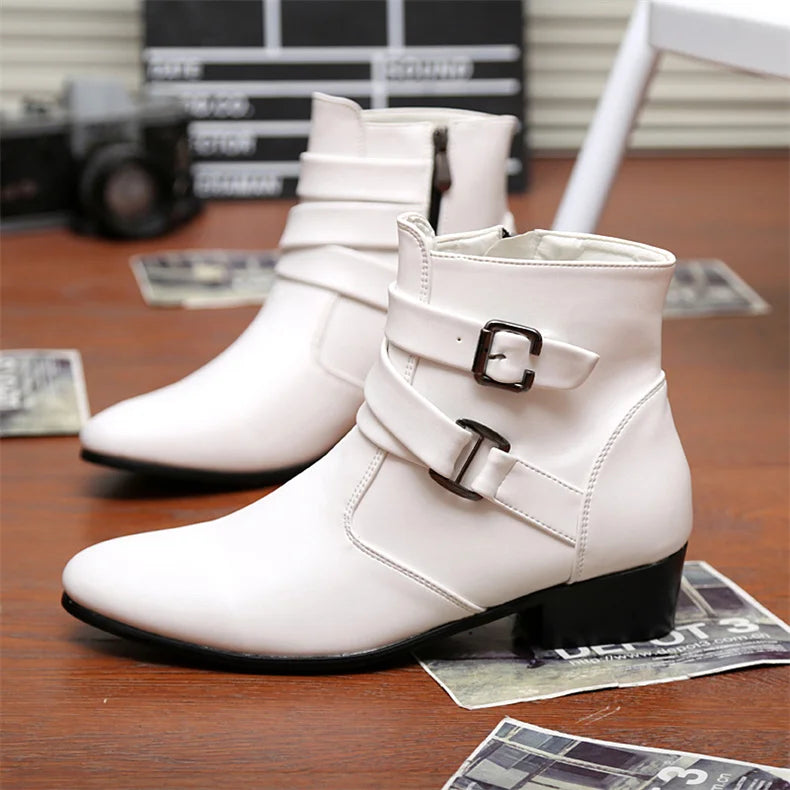 Luxury Leather Chelsea Boots Men Designer White Dress Boots Men Casual High top Buckle Strap Formal Shoes Men Motorcycle Boots