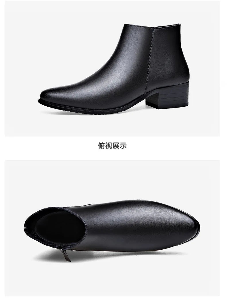 British Business Leather Boots for Men High Heels Pointed Toes and Fleece Chelsea Boots Male Fashion Casual Shoes Man