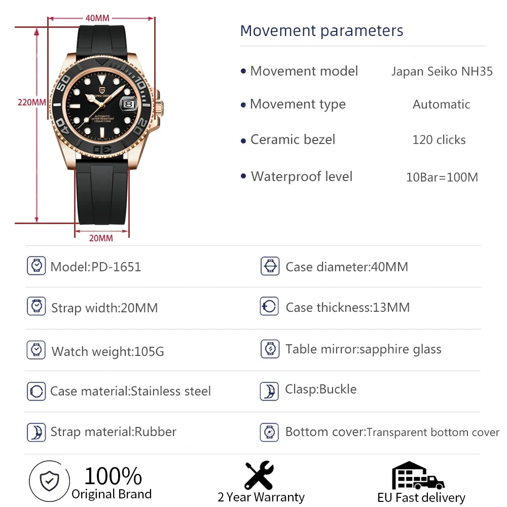 PAGANI DESIGN 2024 NEW 40MM Men Luxury Business NH35 Automatic Mechanical Watch Sapphire Glass Waterproof Automatic Watch 100M