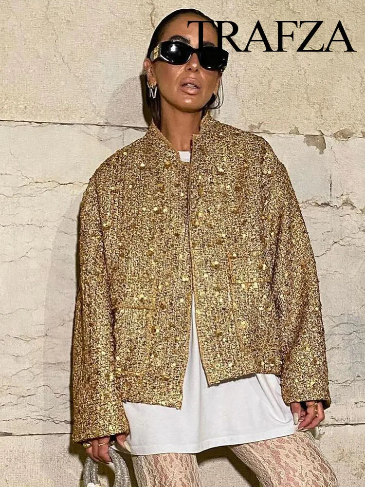 Women's Fashion Shiny Sequin Jacket: Y2K Gold Color Stand Collar Long Sleeve Short Coat for Autumn/Winter - High Streetwear, Available in 5 Colors