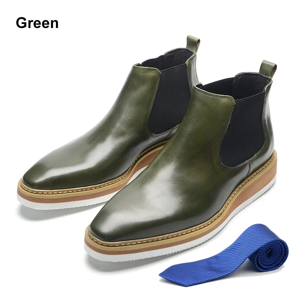 British Style Cow Genuine Leather Men's Chelsea Ankle Boots Slip-on Elastic Band High Top Sneakers Casual Dress Boot for Men