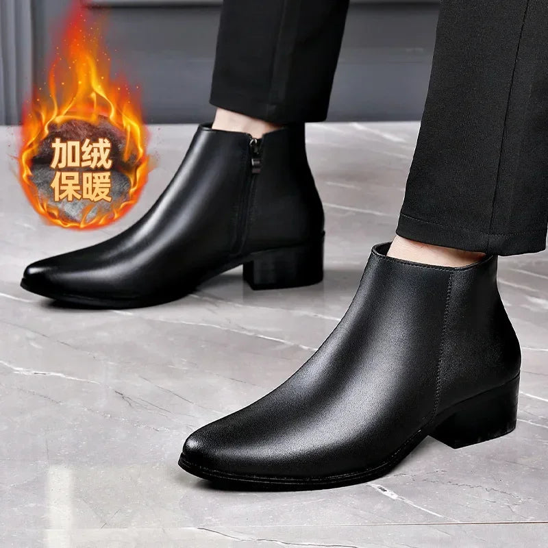 British Business Leather Boots for Men High Heels Pointed Toes and Fleece Chelsea Boots Male Fashion Casual Shoes Man