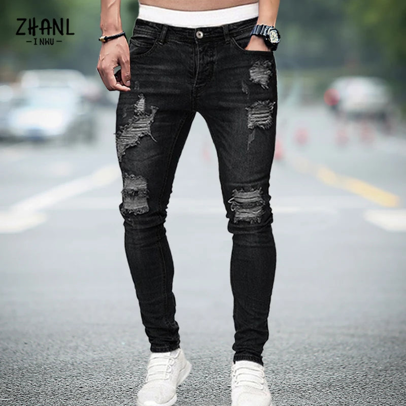 Men's Stretchy Ripped Skinny Embroidered Jeans: White Pants, Destroyed Holes, Slim Fit, High-Quality Denim, Hip Hop Style - 15 Colors/Styles