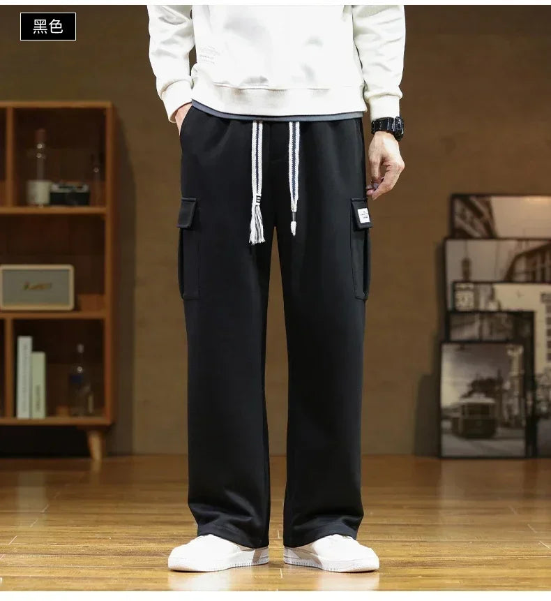 Men's Winter Velvet Sweatpants: Cotton Baggy Joggers with Cargo Pockets, Breathable Loose-Fit Outdoor Wide-Leg Trousers in Solid Colors