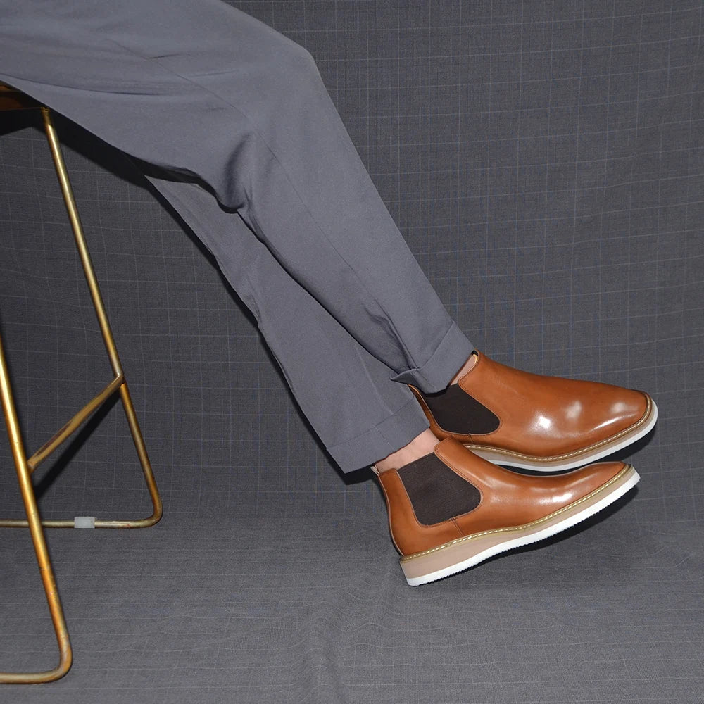 British Style Cow Genuine Leather Men's Chelsea Ankle Boots Slip-on Elastic Band High Top Sneakers Casual Dress Boot for Men