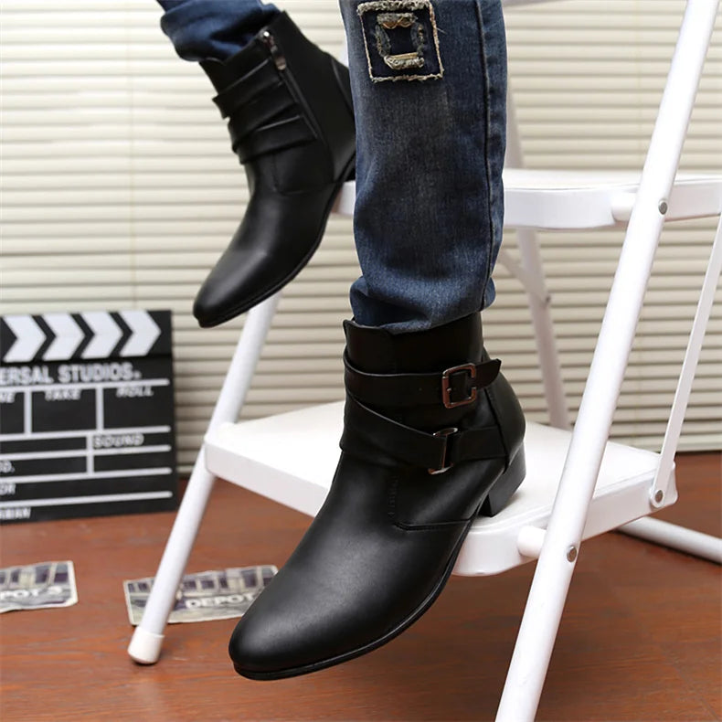 Luxury Leather Chelsea Boots Men Designer White Dress Boots Men Casual High top Buckle Strap Formal Shoes Men Motorcycle Boots