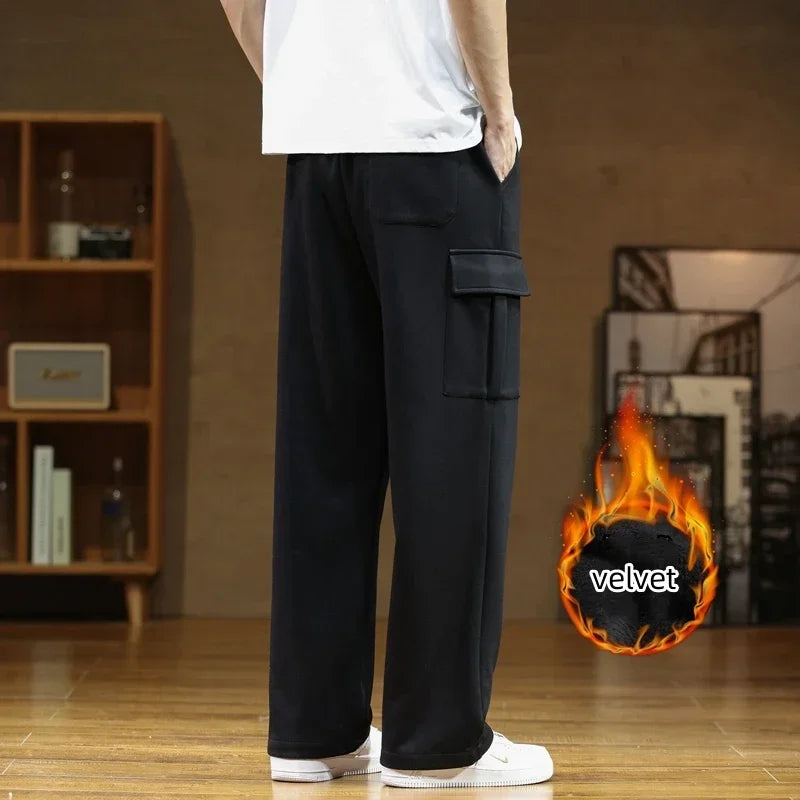 Men's Winter Velvet Sweatpants: Cotton Baggy Joggers with Cargo Pockets, Breathable Loose-Fit Outdoor Wide-Leg Trousers in Solid Colors