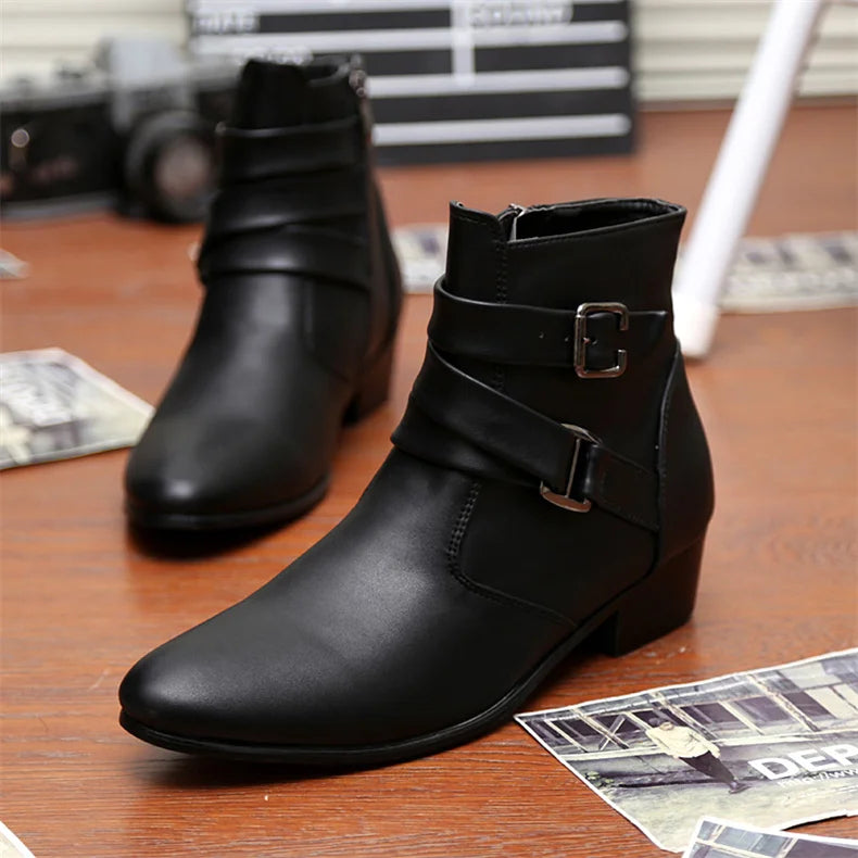 Luxury Leather Chelsea Boots Men Designer White Dress Boots Men Casual High top Buckle Strap Formal Shoes Men Motorcycle Boots