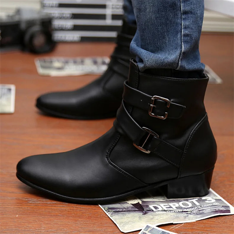 Luxury Leather Chelsea Boots Men Designer White Dress Boots Men Casual High top Buckle Strap Formal Shoes Men Motorcycle Boots