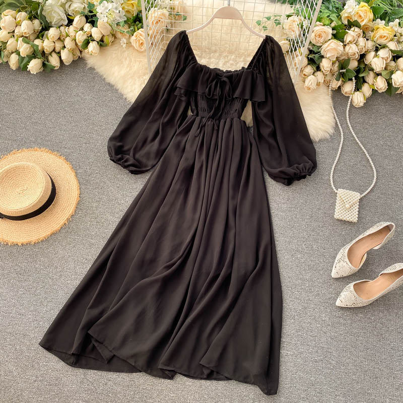 Women's Square Collar Solid Chiffon Puff Sleeve Maxi Dress (6 colors)
