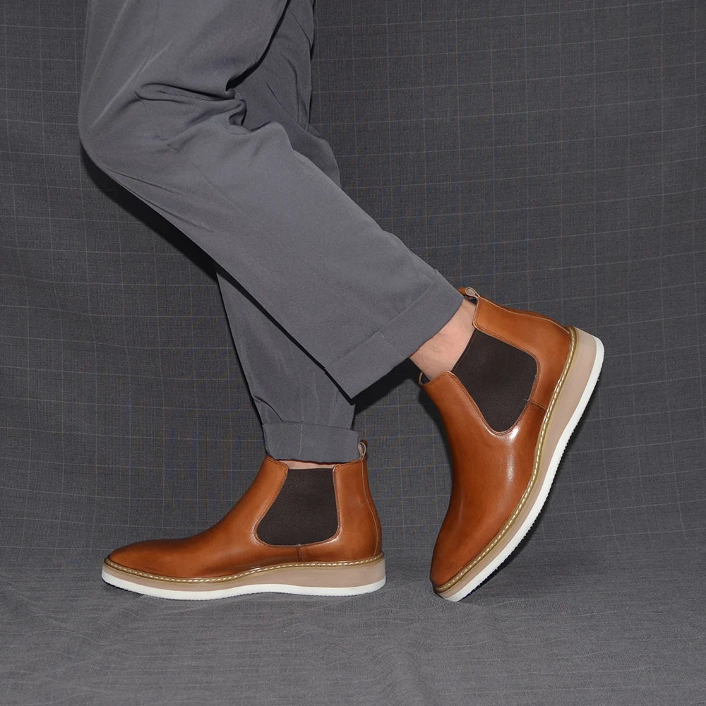 British Style Cow Genuine Leather Men's Chelsea Ankle Boots Slip-on Elastic Band High Top Sneakers Casual Dress Boot for Men