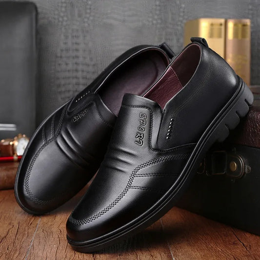 Men's Non-Slip Leather Slip-On Loafers: Black Driving Shoes - Dress Sneakers with Light Breathable Footwear, Available in 2 Colors