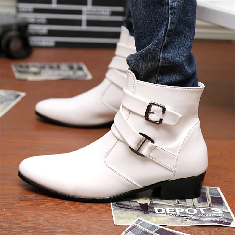 Luxury Leather Chelsea Boots Men Designer White Dress Boots Men Casual High top Buckle Strap Formal Shoes Men Motorcycle Boots