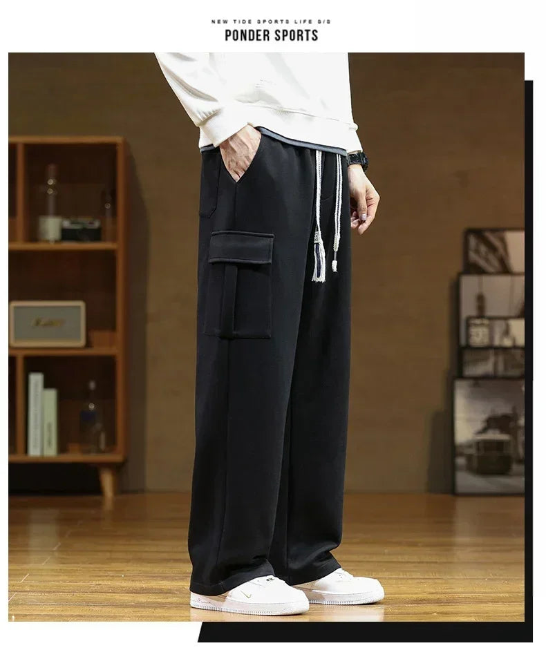 Men's Winter Velvet Sweatpants: Cotton Baggy Joggers with Cargo Pockets, Breathable Loose-Fit Outdoor Wide-Leg Trousers in Solid Colors