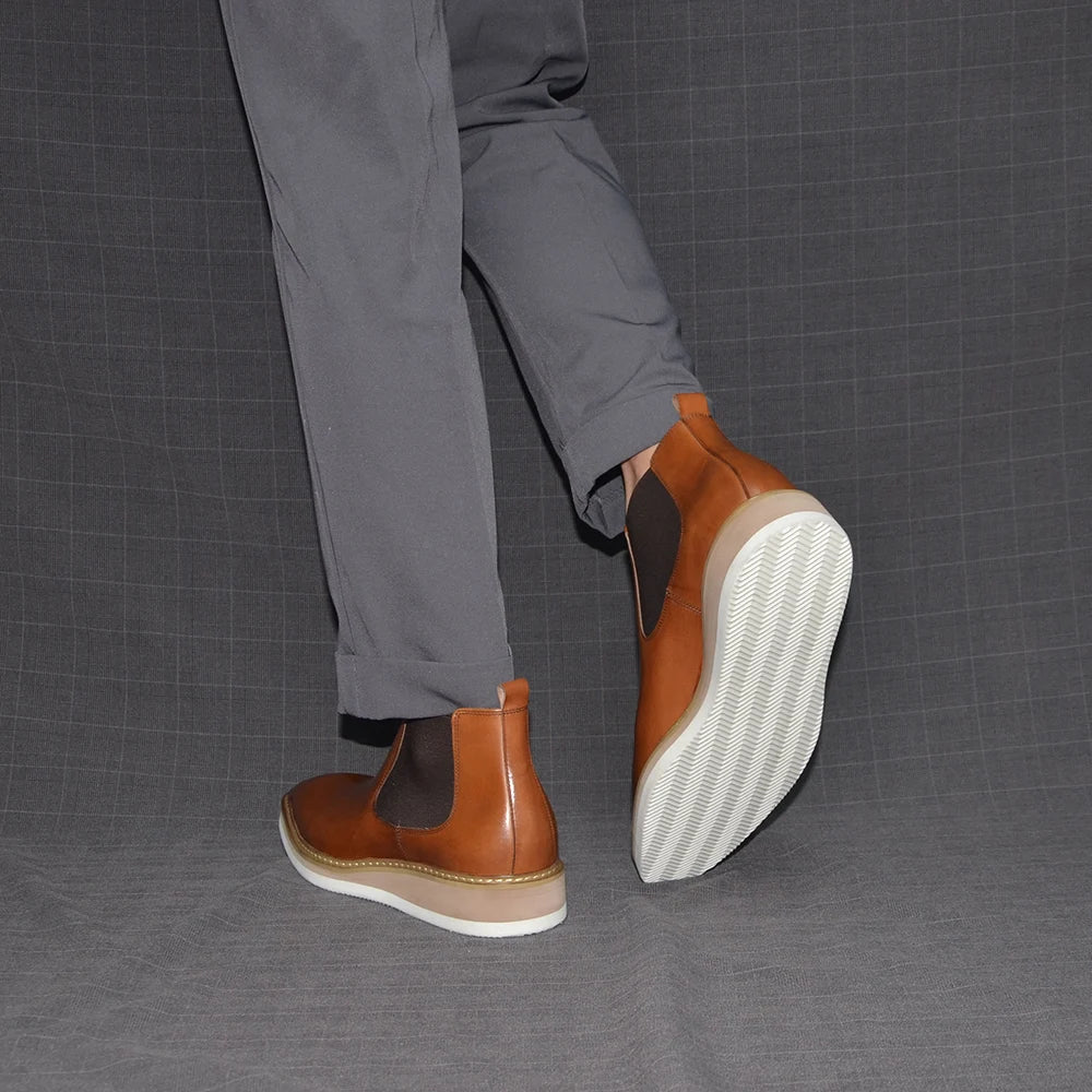 British Style Cow Genuine Leather Men's Chelsea Ankle Boots Slip-on Elastic Band High Top Sneakers Casual Dress Boot for Men