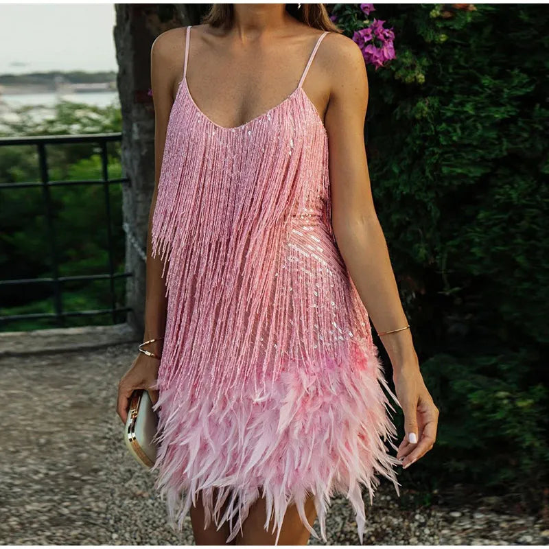 Feathered Glamour: Sequin Mini Dress with Spaghetti Straps - Perfect for Elegant Evenings