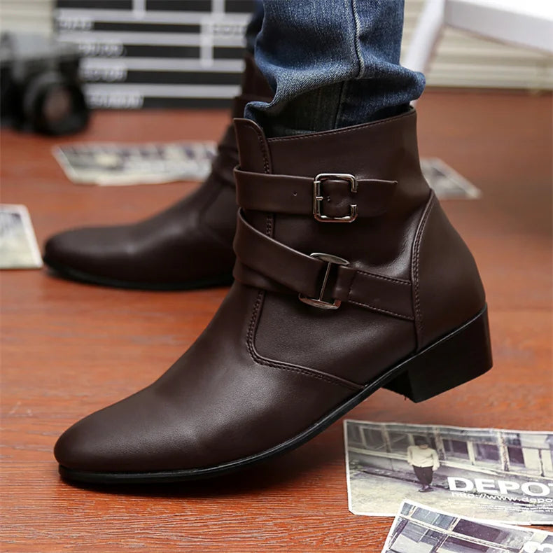 Luxury Leather Chelsea Boots Men Designer White Dress Boots Men Casual High top Buckle Strap Formal Shoes Men Motorcycle Boots