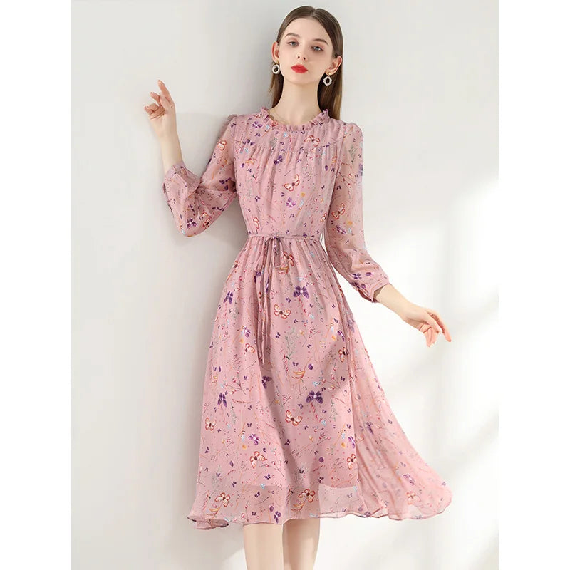 Women's Elegant Floral Print Pink Dress: Casual Long Sleeve Slim A-Line Dresses for Office - Autumn Winter Vestido